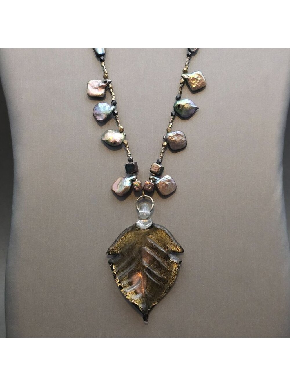 Vintage Glass Leaf Pendant Abalone Baroque Pearl Necklace Crystal Collar 20"
